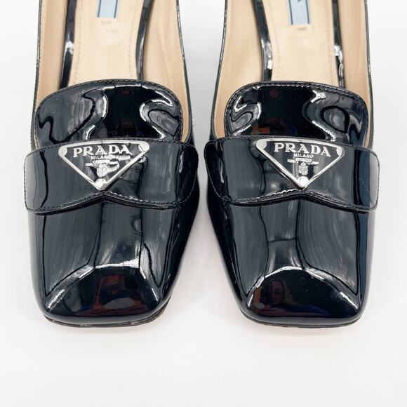 Prada Black Patent Vernice Metal Triangle Logo Block Heel Loafer Pumps IT 38 - Picture 7 of 14